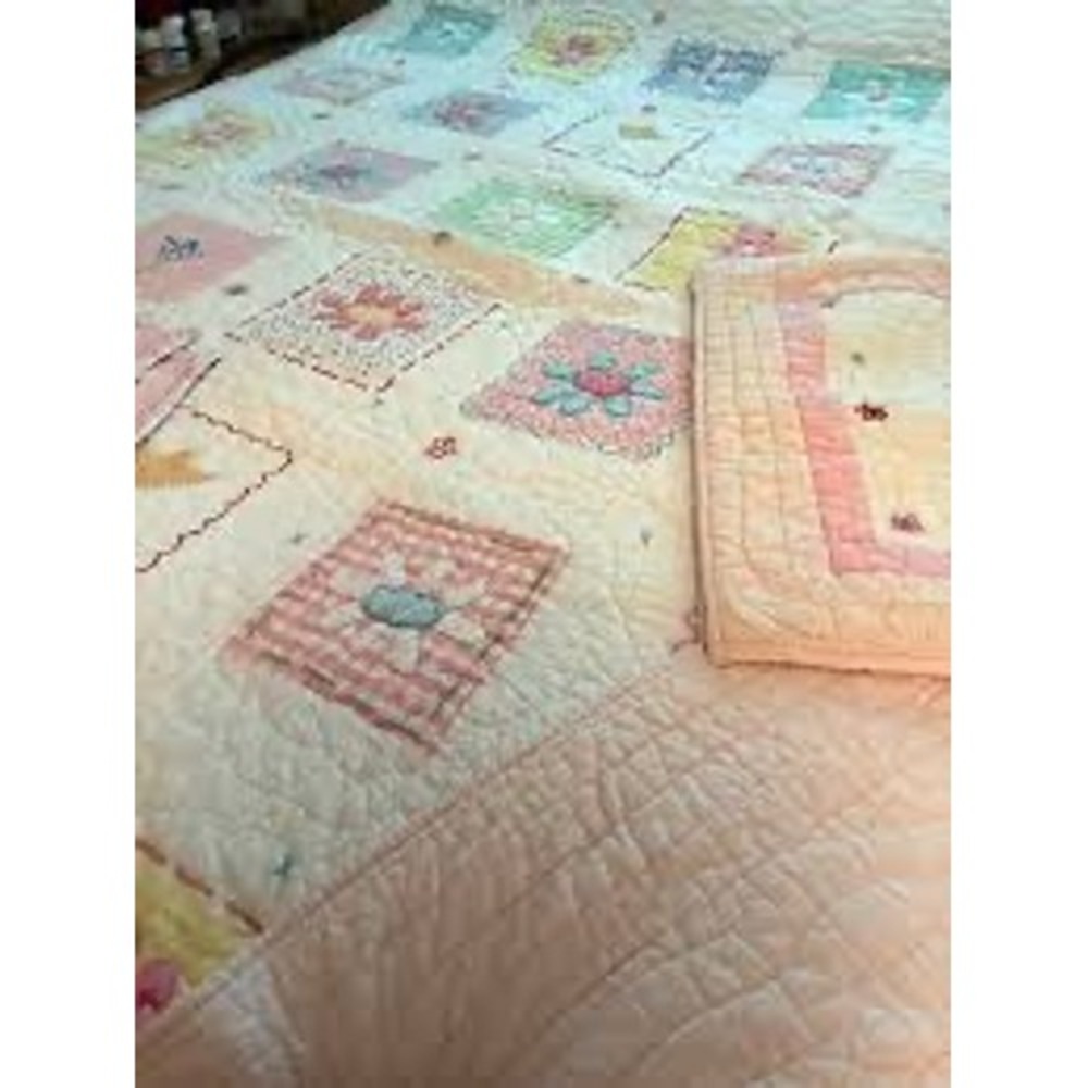 Pottery Barn Kids Quilt Full Pink Daisy Patchwork Embroidered Bedding Set NWOT